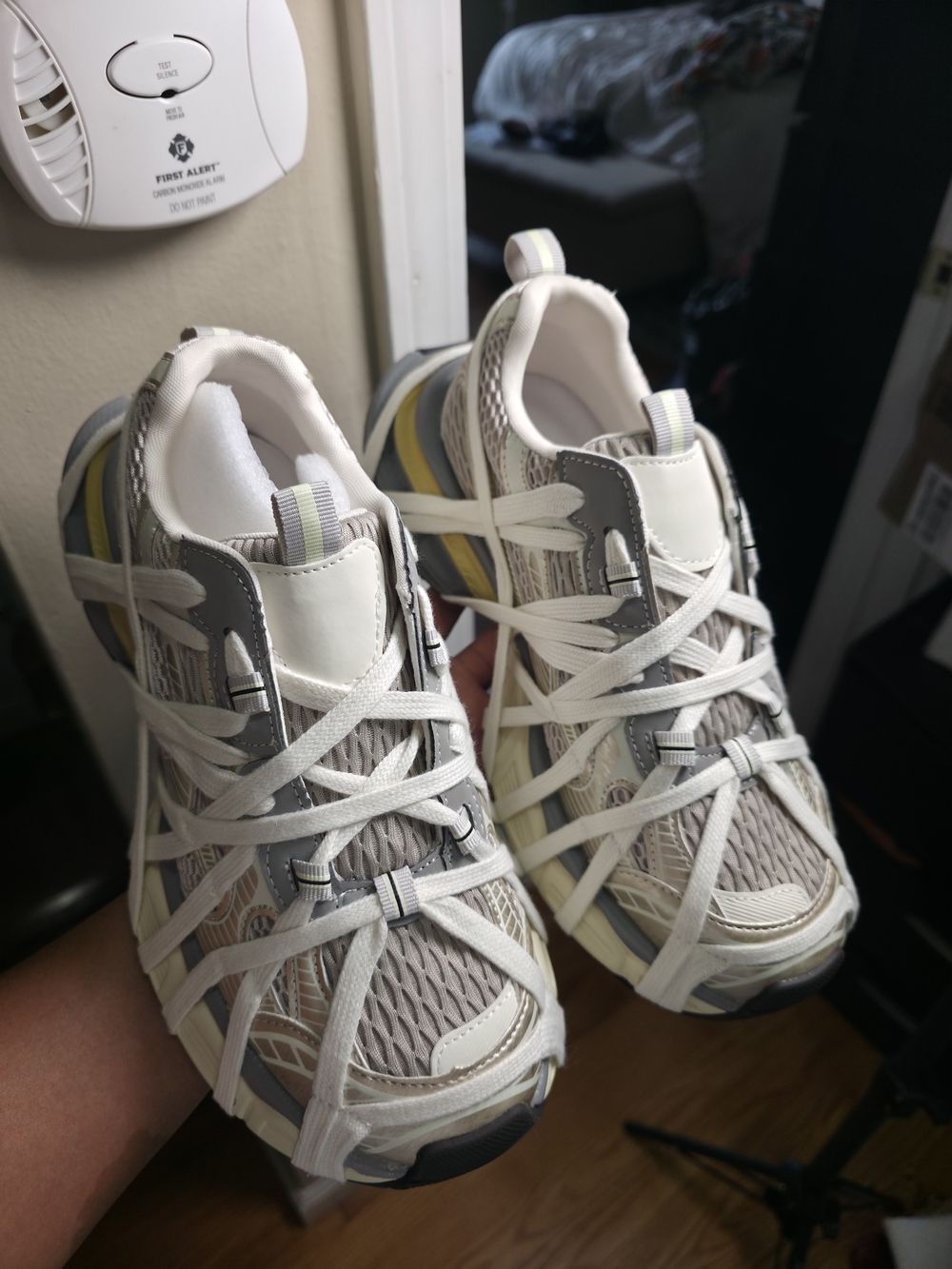 AKIRA Women's Mesh Lace-Up Sneakers in White, Gray & Yellow